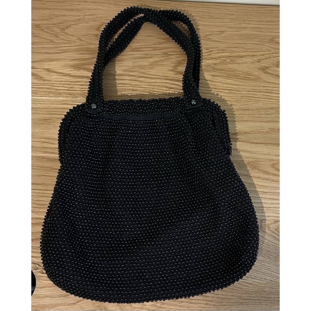 Stunning Vintage 1950s Lumured CORDE-BEAD Caviar Sized Black Beaded Evening Bag